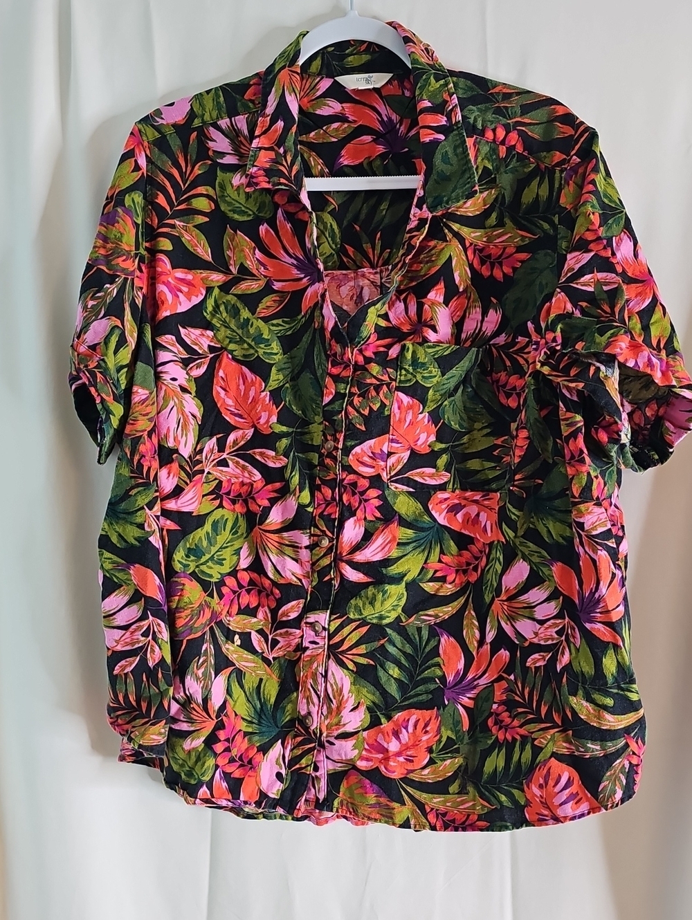 Terra & Sky  Tropical Floral Button-Down Shirt - Pink, Green, Black